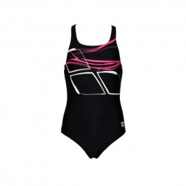 Arena Costume Intero Piscina Logo Nero Fucsia Bambina