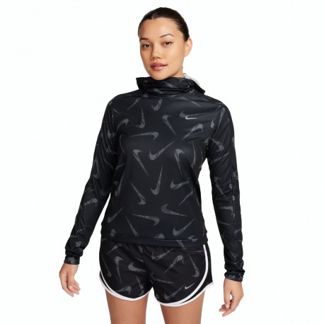 Nike Felpa Running Swoosh Printed Nero Reflective Argento Donna
