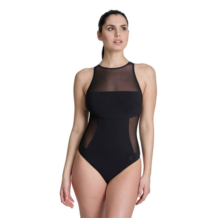 Arena Costume Intero Piscina Mesh Panel Nero Donna
