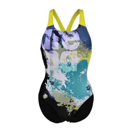 Arena Costume Intero Piscina Waves Breaking Nero Multi Donna