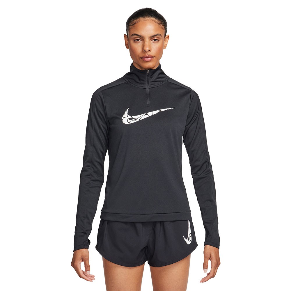 Nike Maglia Running Manica Lunga Top Hzip Swoosh Nero Bianco Donna L