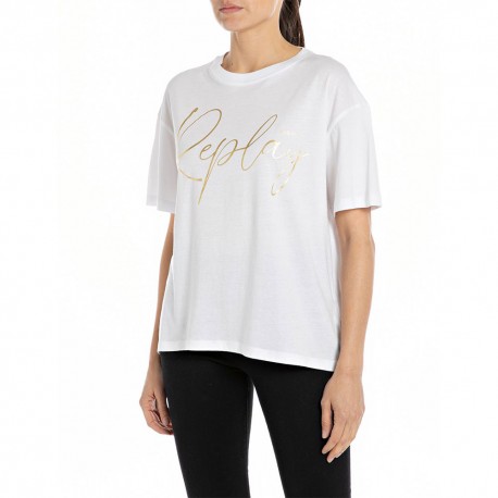 Replay T-Shirt Logo Oro Bianco Donna