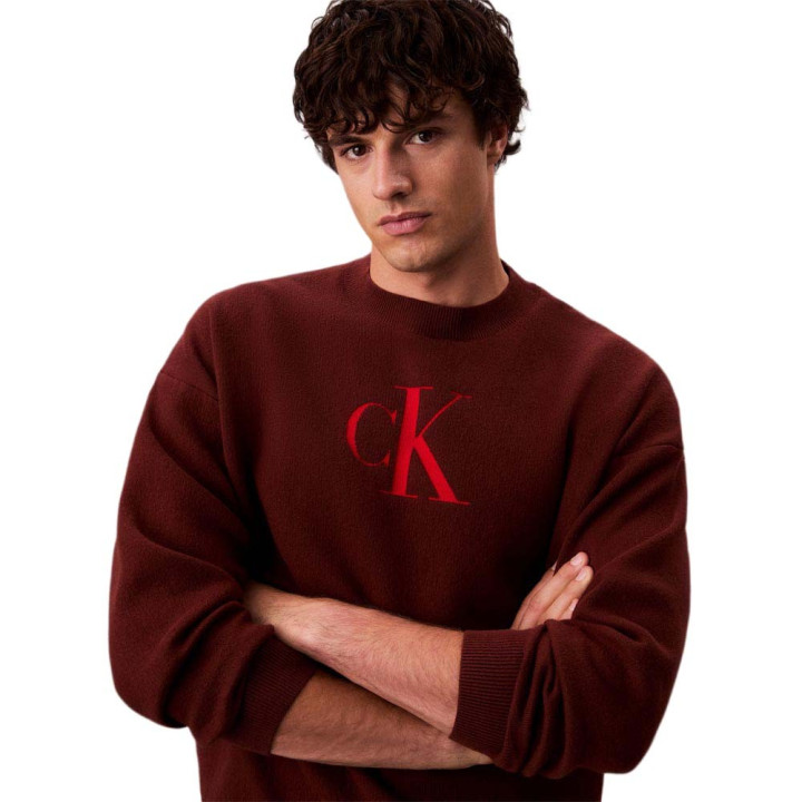 Calvin Klein Maglia Maniche Lunghe Cotton Cashmere 3D Logo Bordeaux Uomo
