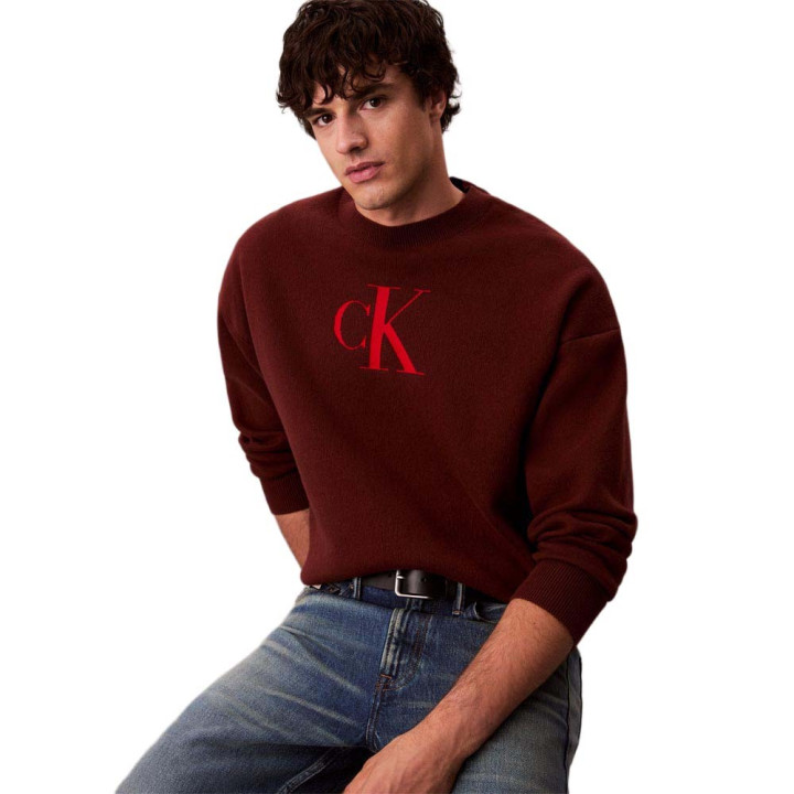 Calvin Klein Maglia Maniche Lunghe Cotton Cashmere 3D Logo Bordeaux Uomo