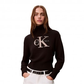 Calvin Klein Maglia Maniche Lunghe Dolcevita Chenille Monologo Nero Donna