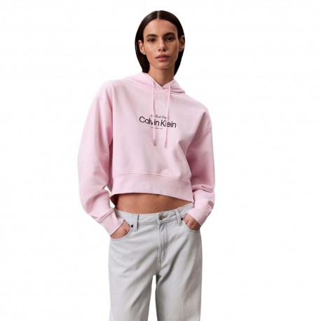 Calvin Klein Felpa Con Cappuccio Crop Logo Rosa Donna