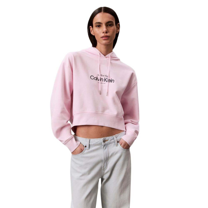 Calvin Klein Felpa Con Cappuccio Crop Logo Rosa Donna