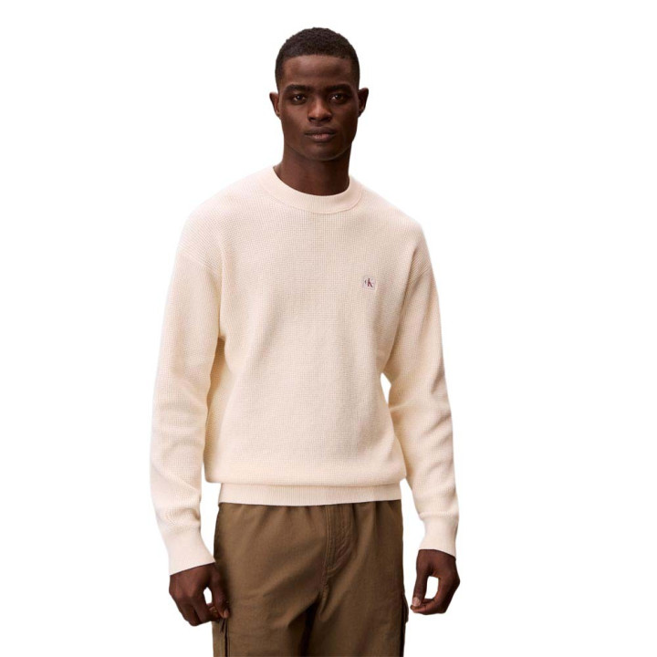 Calvin Klein Maglia Maniche Lunghe Waffle Logo Bianco Uomo