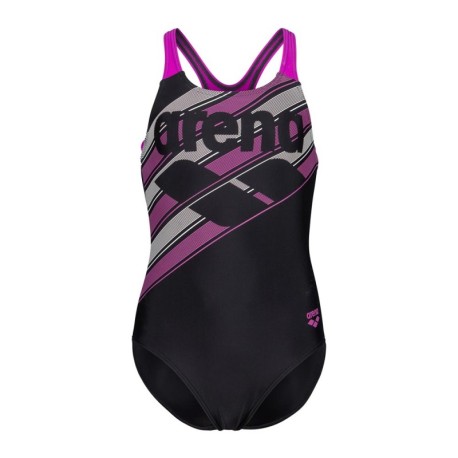 Arena Costume Intero Piscina Lines Nero Fuchsia Bambina