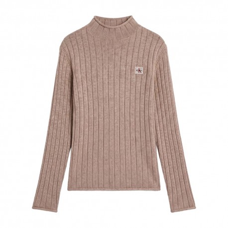 Calvin Klein Maglia Maniche Lunghe Girocollo Logo Piccolo Beige Donna