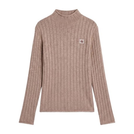 Calvin Klein Maglia Maniche Lunghe Girocollo Logo Piccolo Beige Donna
