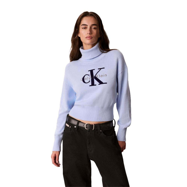 Calvin Klein Maglia Maniche Lunghe Dolcevita Big Logo Azzurro Donna