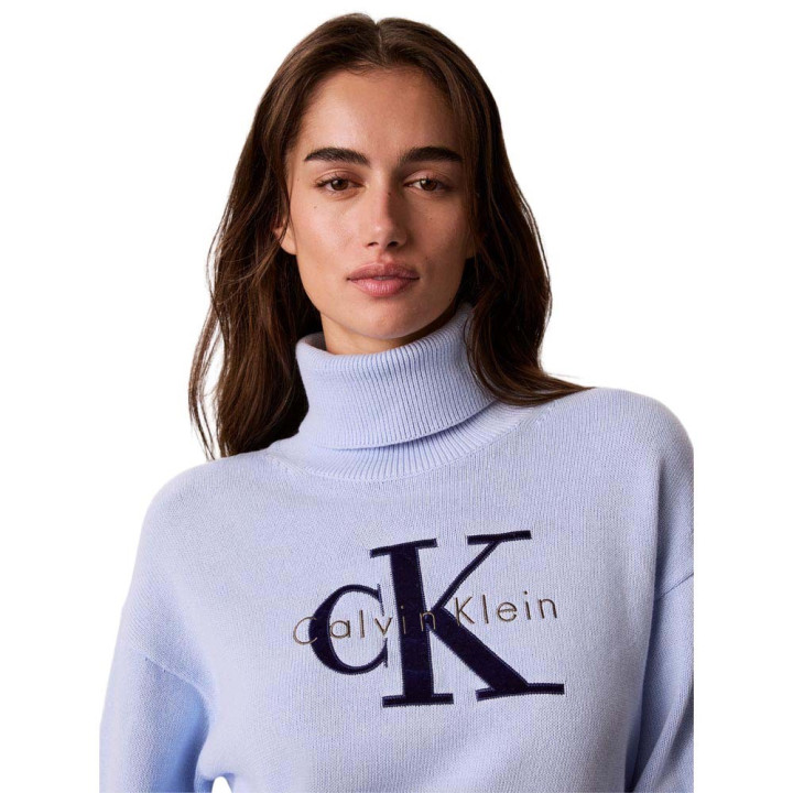 Calvin Klein Maglia Maniche Lunghe Dolcevita Big Logo Azzurro Donna
