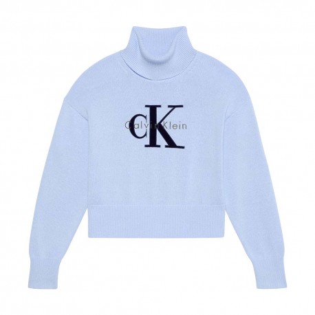 Calvin Klein Maglia Maniche Lunghe Dolcevita Big Logo Azzurro Donna