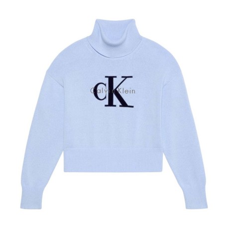 Calvin Klein Maglia Maniche Lunghe Dolcevita Big Logo Azzurro Donna