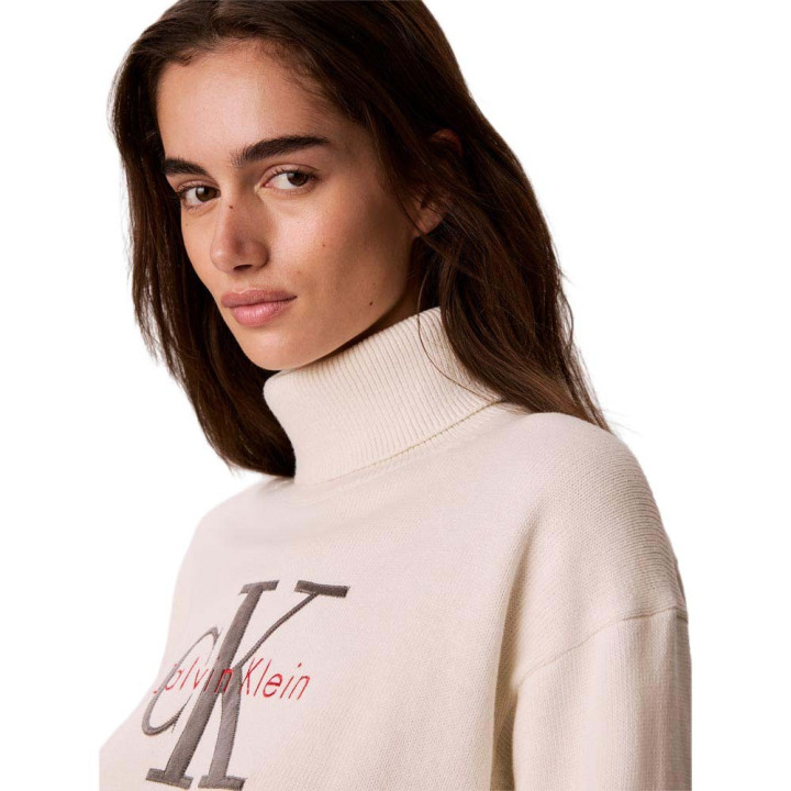 Calvin Klein Maglia Maniche Lunghe Dolcevita Big Logo Bianco Donna