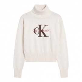 Calvin Klein Maglia Maniche Lunghe Dolcevita Big Logo Bianco Donna