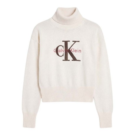 Calvin Klein Maglia Maniche Lunghe Dolcevita Big Logo Bianco Donna