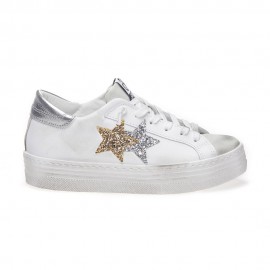 2star Sneakers Low High Sole Bianco Argento Oro Donna